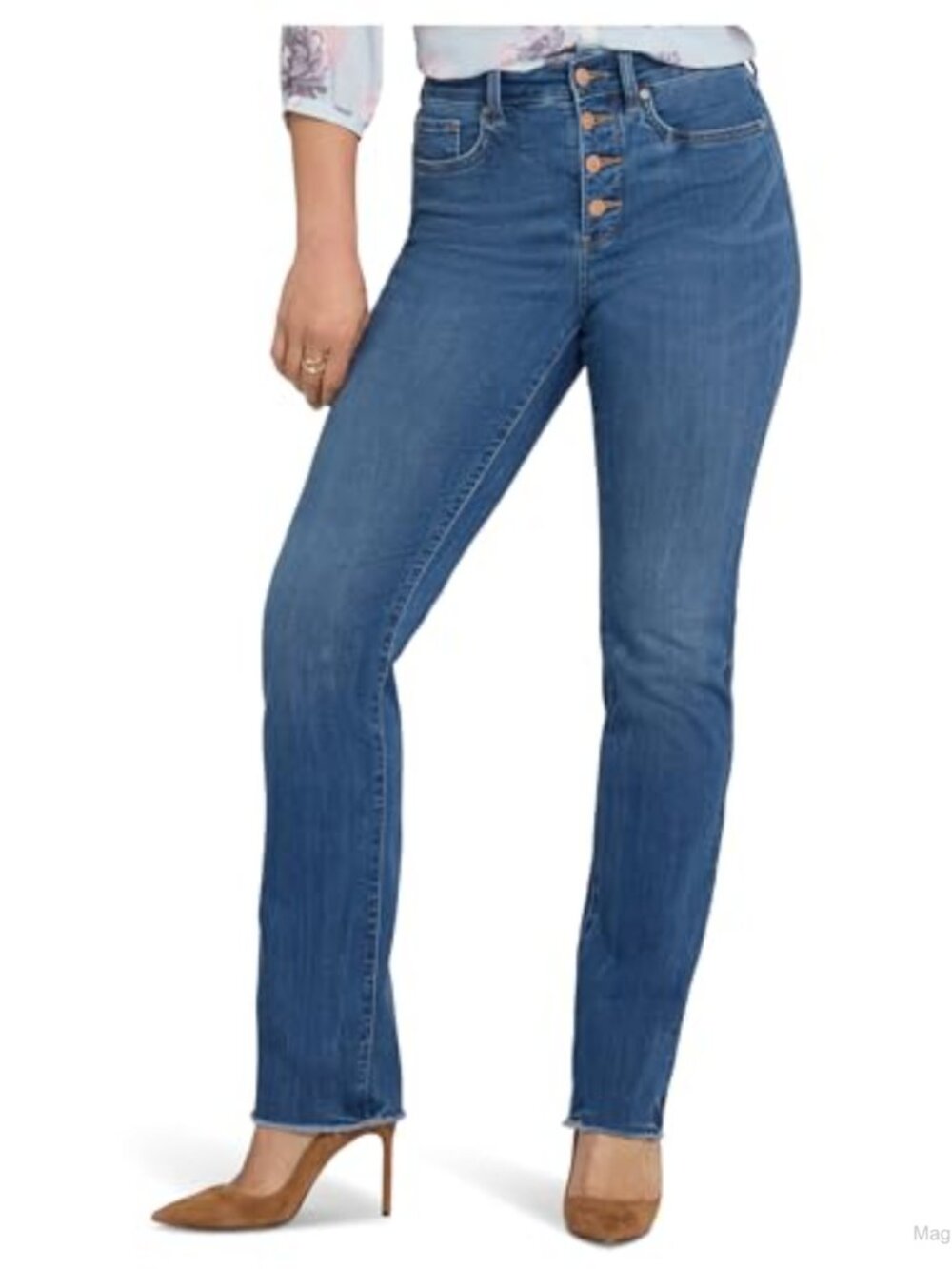 Petite High Rise Button Fly Straight Leg Jeans in Stretch Denim